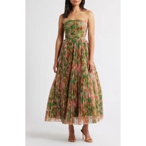 Hutch Costella stunning Floral Print Strapless Pleated tulle gown size 12